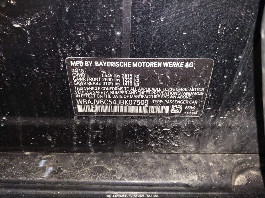 2018 BMW 640I Gran Turismo xDrive VIN: WBAJV6C54JBK07509 Lot: 43989281