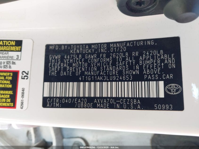 2020 Toyota Camry Se VIN: 4T1G11AK3LU924653 Lot: 43989294