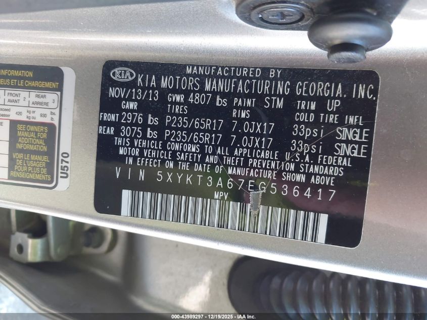 2014 Kia Sorento Lx VIN: 5XYKT3A67EG536417 Lot: 43989297