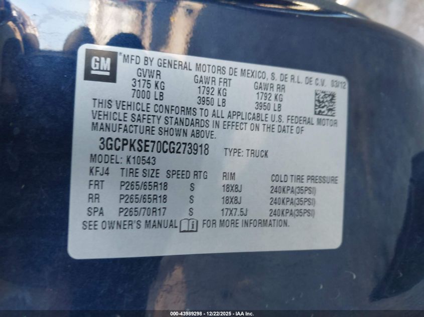 2012 Chevrolet Silverado 1500 Lt VIN: 3GCPKSE70CG273918 Lot: 43989298