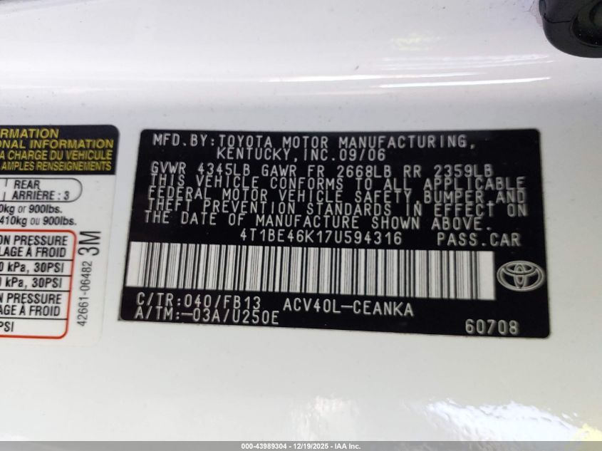 2007 Toyota Camry Le VIN: 4T1BE46K17U594316 Lot: 43989304