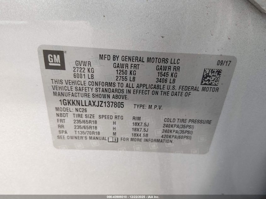 2018 GMC Acadia Sle-2 VIN: 1GKKNLLAXJZ137805 Lot: 43989310