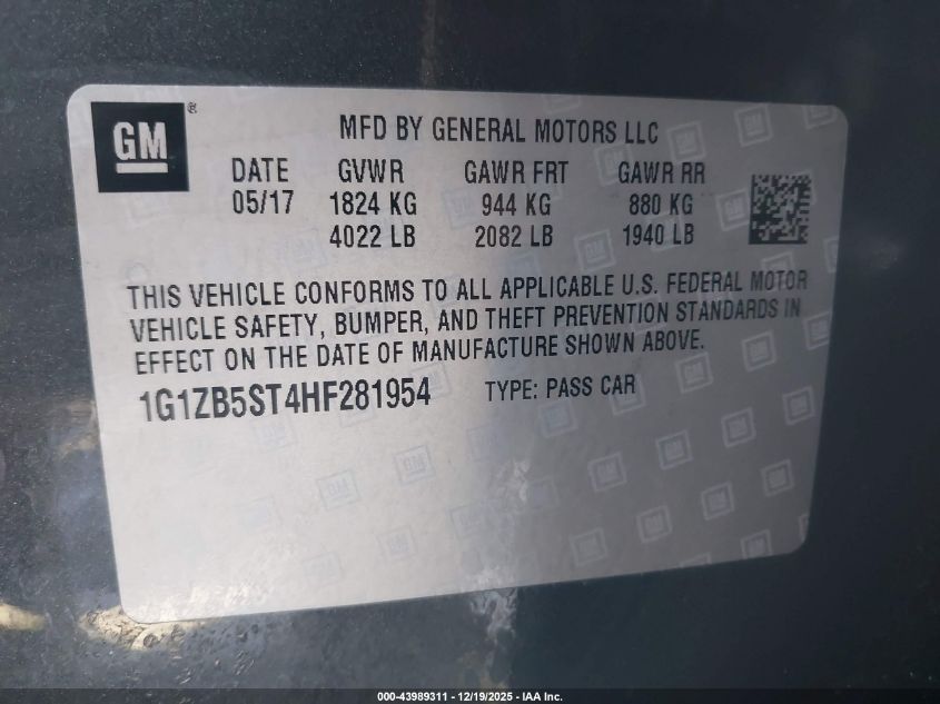 2017 Chevrolet Malibu Ls VIN: 1G1ZB5ST4HF281954 Lot: 43989311