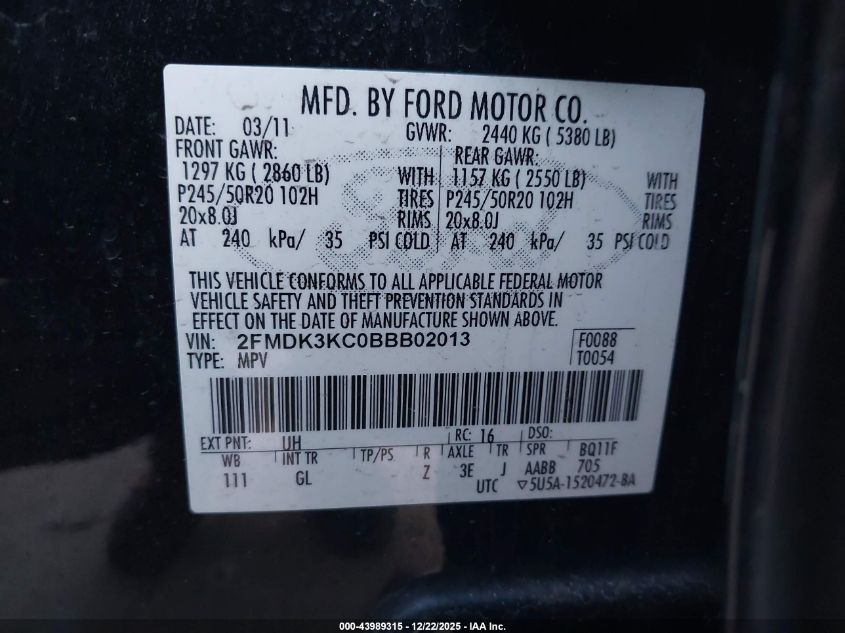 2011 Ford Edge Limited VIN: 2FMDK3KC0BBB02013 Lot: 43989315