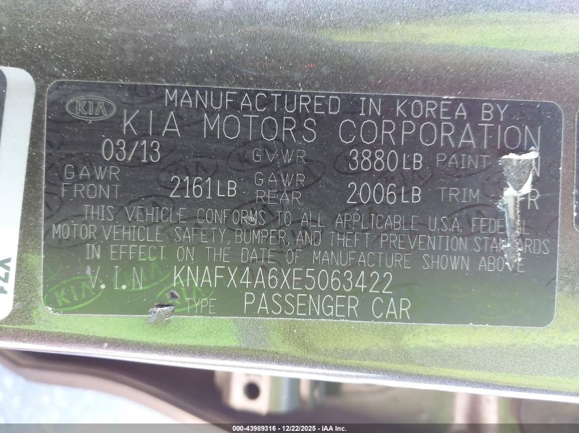 2014 Kia Forte Lx VIN: KNAFX4A6XE5063422 Lot: 43989316