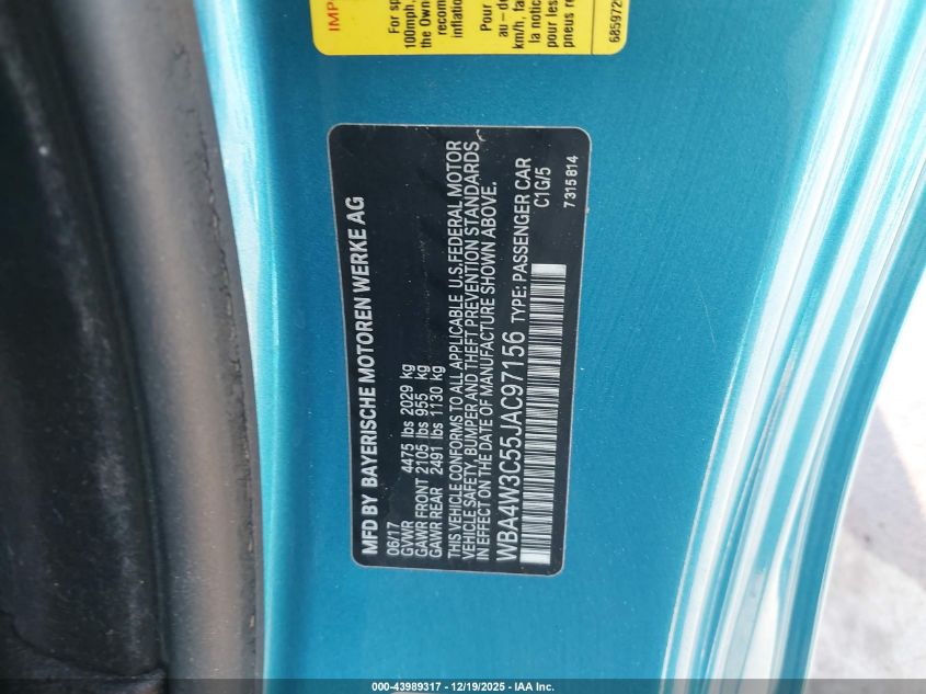 2018 BMW 430I VIN: WBA4W3C55JAC97156 Lot: 43989317