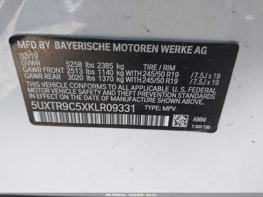 2019 BMW X3 xDrive30I VIN: 5UXTR9C5XKLR09331 Lot: 43989324
