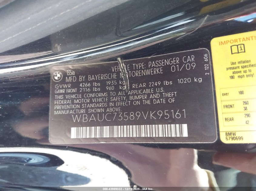 2009 BMW 135I VIN: WBAUC73589VK95161 Lot: 43989333
