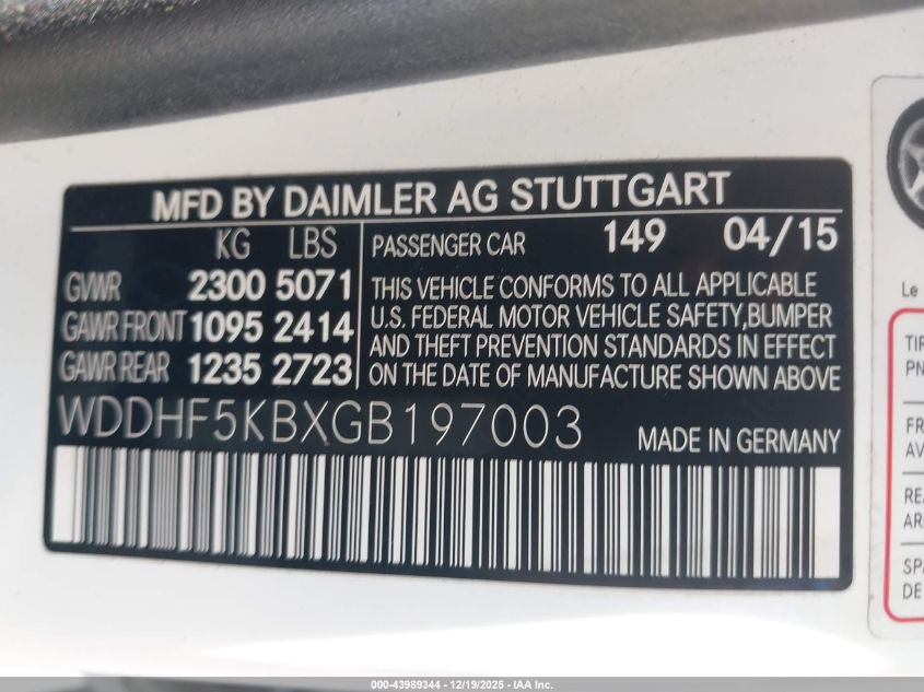 2016 Mercedes-Benz E 350 VIN: WDDHF5KBXGB197003 Lot: 43989344