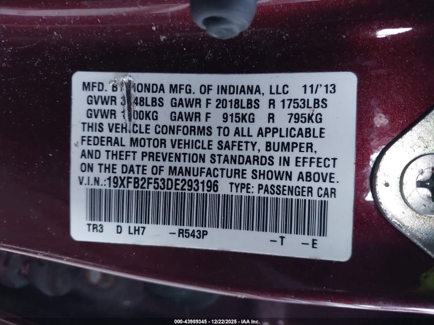 2013 Honda Civic Lx VIN: 19XFB2F53DE293196 Lot: 43989345