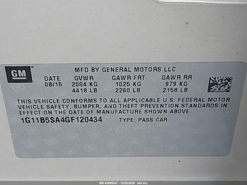 2016 Chevrolet Malibu Limited Ls VIN: 1G11B5SA4GF120434 Lot: 43989347