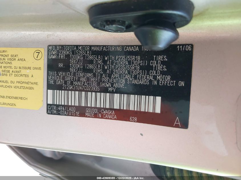 2007 Lexus Rx 350 VIN: 2T2GK31U47C023935 Lot: 43989359