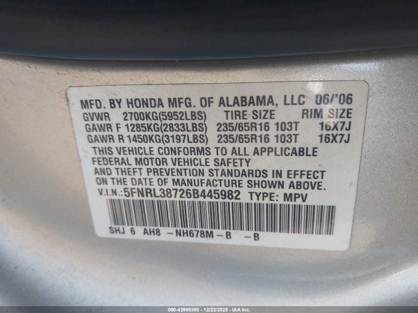 2006 Honda Odyssey Ex-L VIN: 5FNRL38726B445982 Lot: 43989360