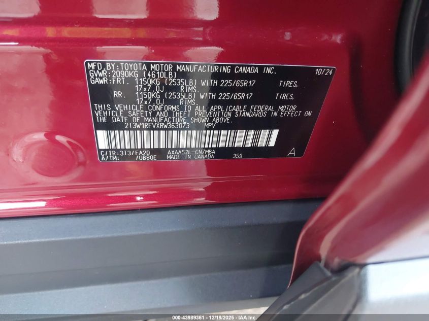 2024 Toyota Rav4 Xle VIN: 2T3W1RFVXRW363073 Lot: 43989361