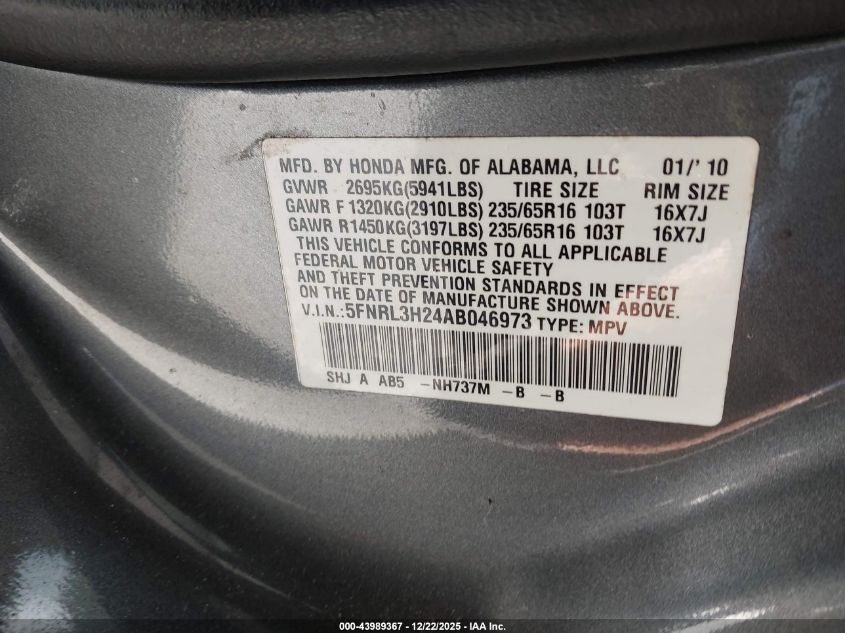 2010 Honda Odyssey Lx VIN: 5FNRL3H24AB046973 Lot: 43989367