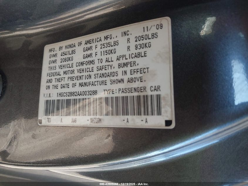 2010 Honda Accord 3.5 Ex-L VIN: 1HGCS2B82AA003288 Lot: 43989368