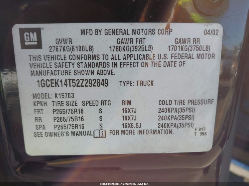 2002 Chevrolet Silverado 1500 Ls VIN: 1GCEK14T52Z292849 Lot: 43989380