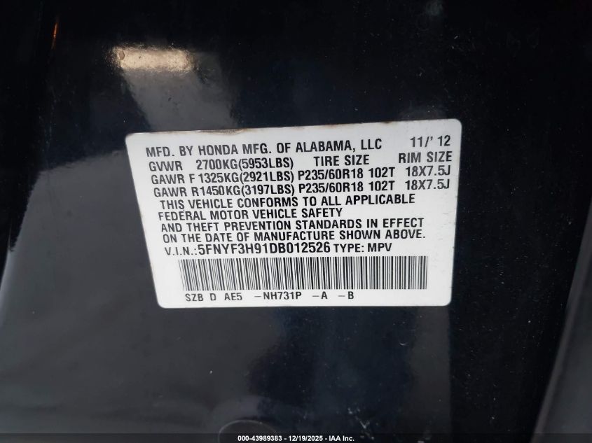 2013 Honda Pilot Touring VIN: 5FNYF3H91DB012526 Lot: 43989383