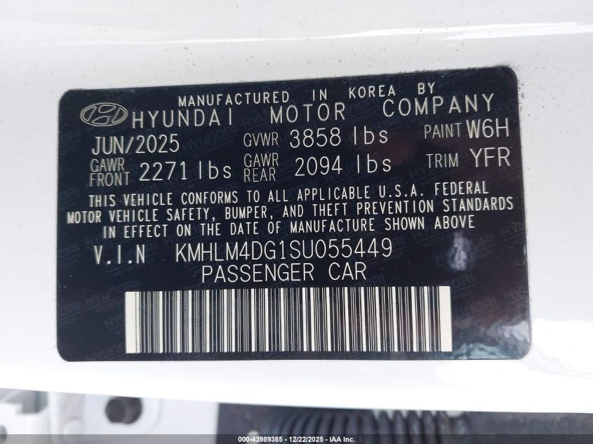 2025 Hyundai Elantra Sel Sport VIN: KMHLM4DG1SU055449 Lot: 43989385