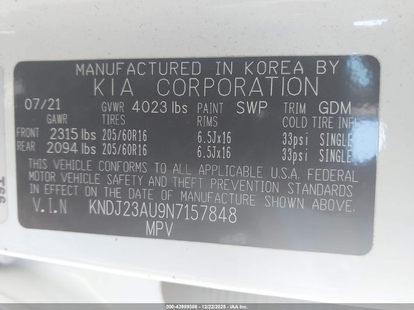 2022 Kia Soul Lx VIN: KNDJ23AU9N7157848 Lot: 43989386