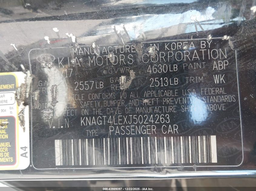 2018 Kia Optima Hybrid Premium VIN: KNAGT4LEXJ5024263 Lot: 43989397