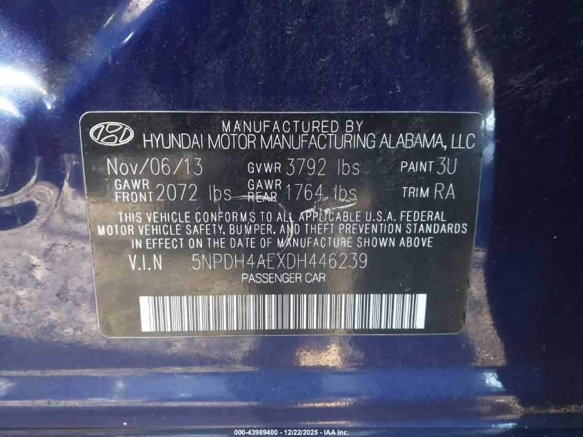 2013 Hyundai Elantra Gls VIN: 5NPDH4AEXDH446239 Lot: 43989400