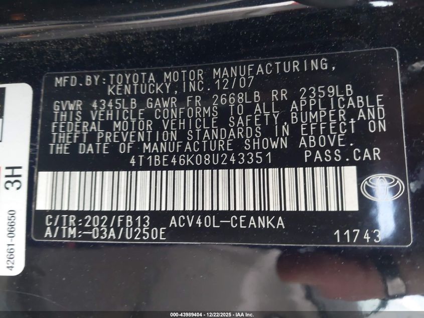 2008 Toyota Camry Le VIN: 4T1BE46K08U243351 Lot: 43989404