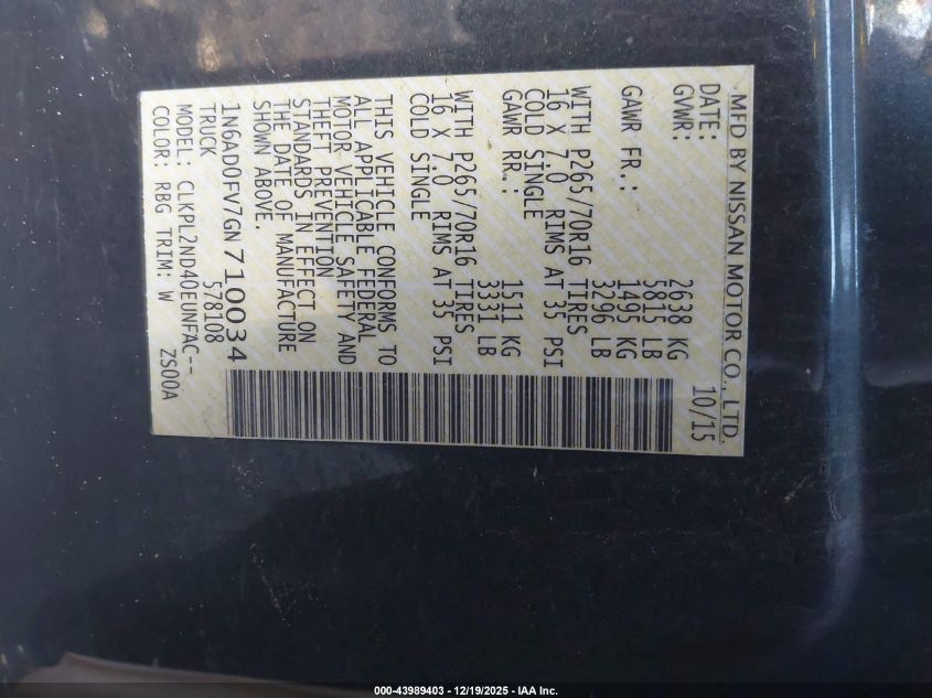 2016 Nissan Frontier Sv VIN: 1N6AD0FV7GN710034 Lot: 43989403