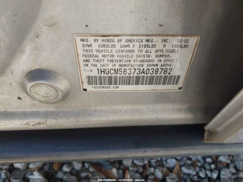2003 Honda Accord 2.4 Lx VIN: 1HGCM56373A039782 Lot: 43989405