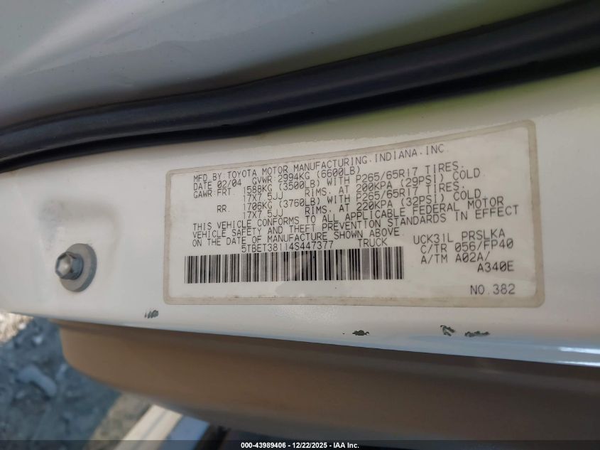 2004 Toyota Tundra Limited V8 VIN: 5TBET38114S447377 Lot: 43989406