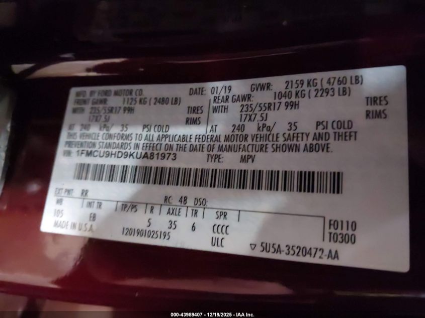 2019 Ford Escape Sel VIN: 1FMCU9HD9KUA81973 Lot: 43989407