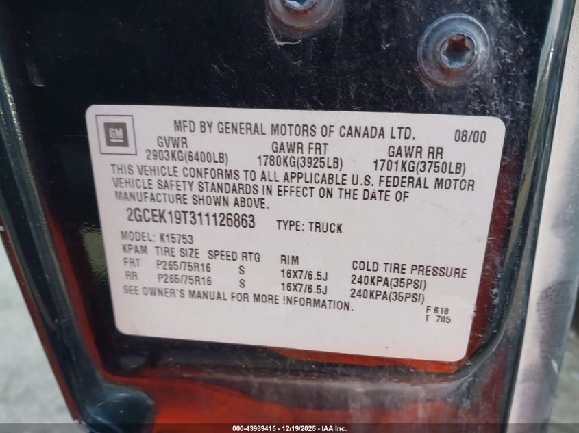 2001 Chevrolet Silverado 1500 Lt VIN: 2GCEK19T311126863 Lot: 43989415