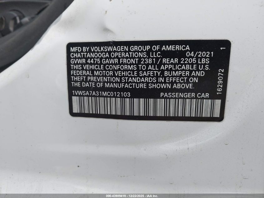 2021 Volkswagen Passat 2.0T Se VIN: 1VWSA7A31MC012103 Lot: 43989419