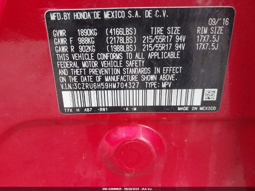 2017 Honda Hr-V Ex VIN: 3CZRU6H59HM704327 Lot: 43989421