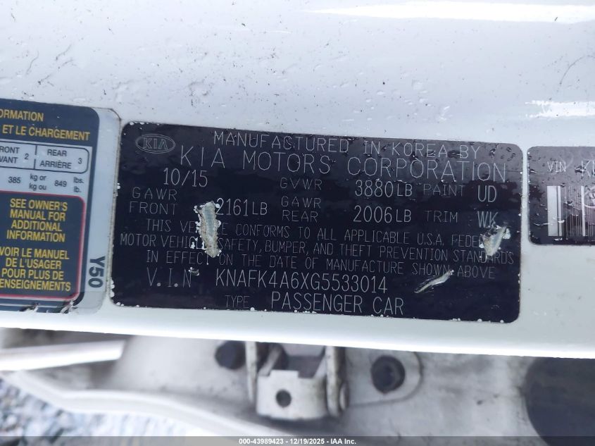 2016 Kia Forte Lx VIN: KNAFK4A6XG5533014 Lot: 43989423