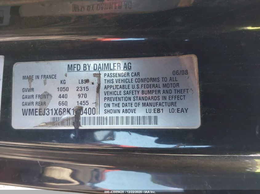 2008 Smart Fortwo Passion/Pure VIN: WMEEJ31X68K170400 Lot: 43989428