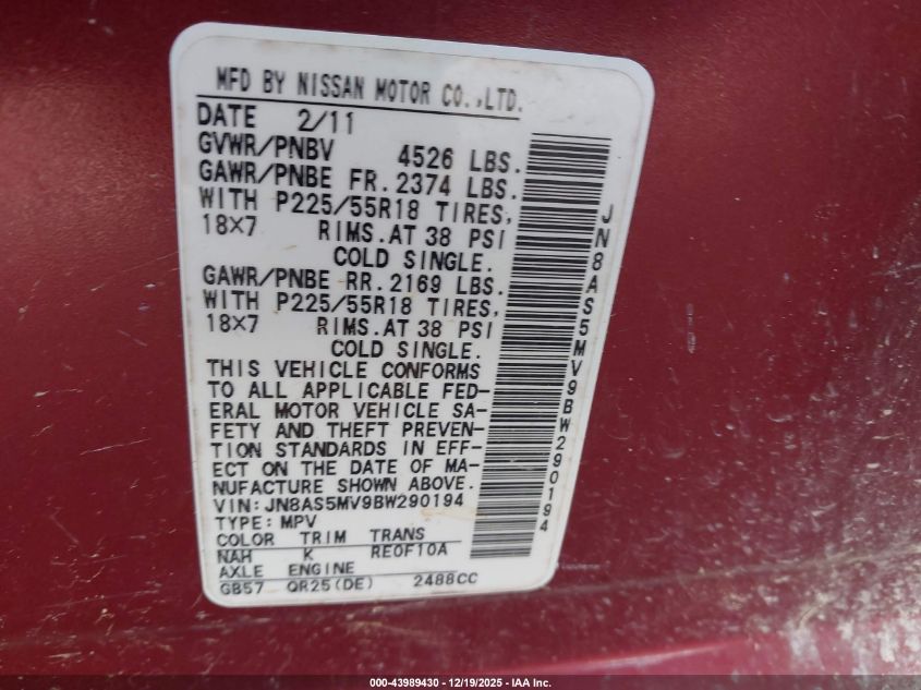 2011 Nissan Rogue Sv VIN: JN8AS5MV9BW290194 Lot: 43989430