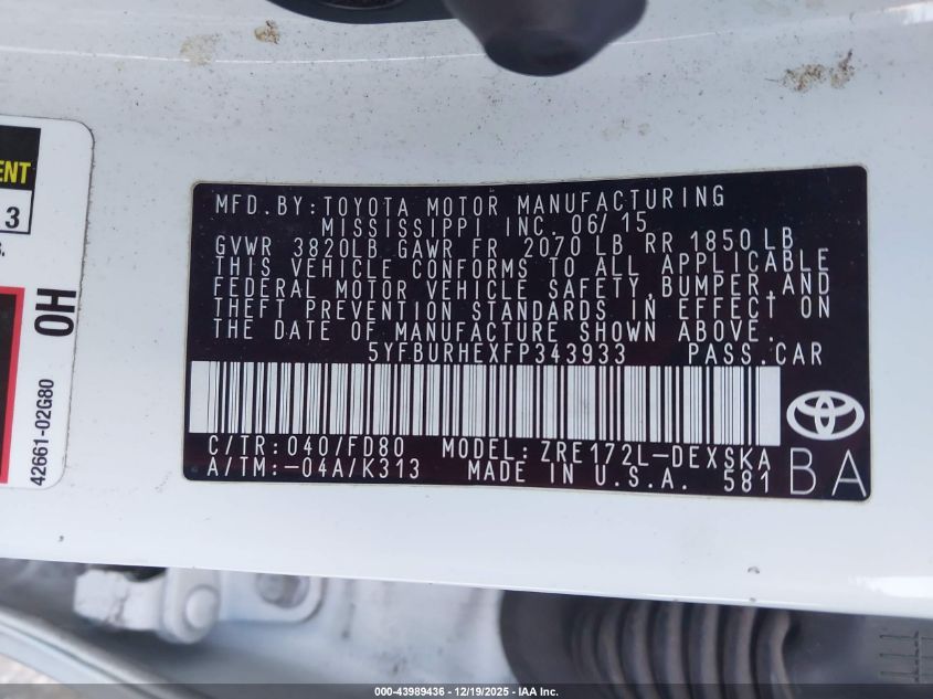 2015 Toyota Corolla S Plus VIN: 5YFBURHEXFP343933 Lot: 43989436