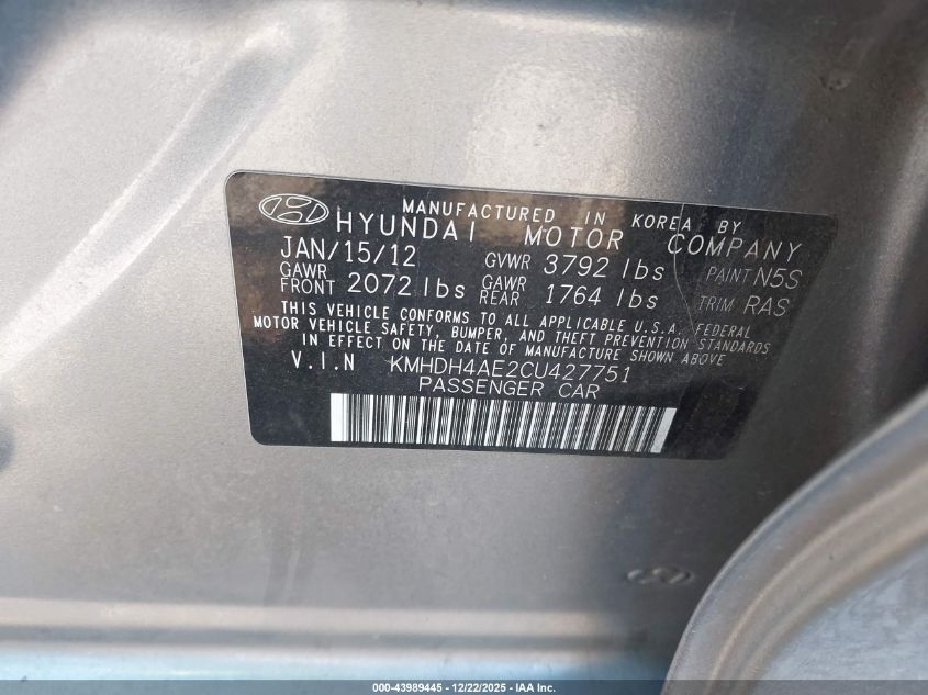 2012 Hyundai Elantra Gls (Ulsan Plant) VIN: KMHDH4AE2CU427751 Lot: 43989445