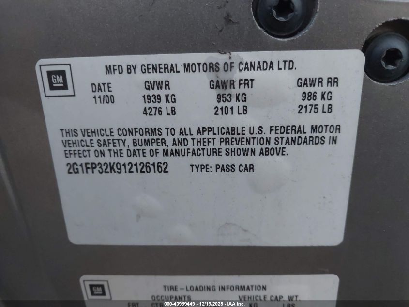 2001 Chevrolet Camaro VIN: 2G1FP32K912126162 Lot: 43989449