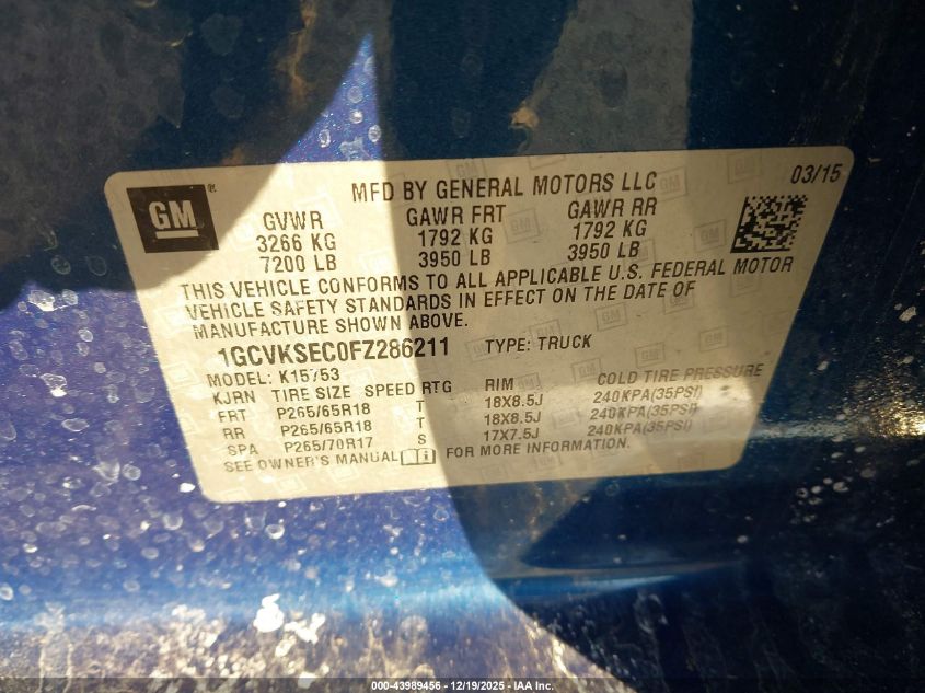 2015 Chevrolet Silverado 1500 2Lz VIN: 1GCVKSEC0FZ286211 Lot: 43989456
