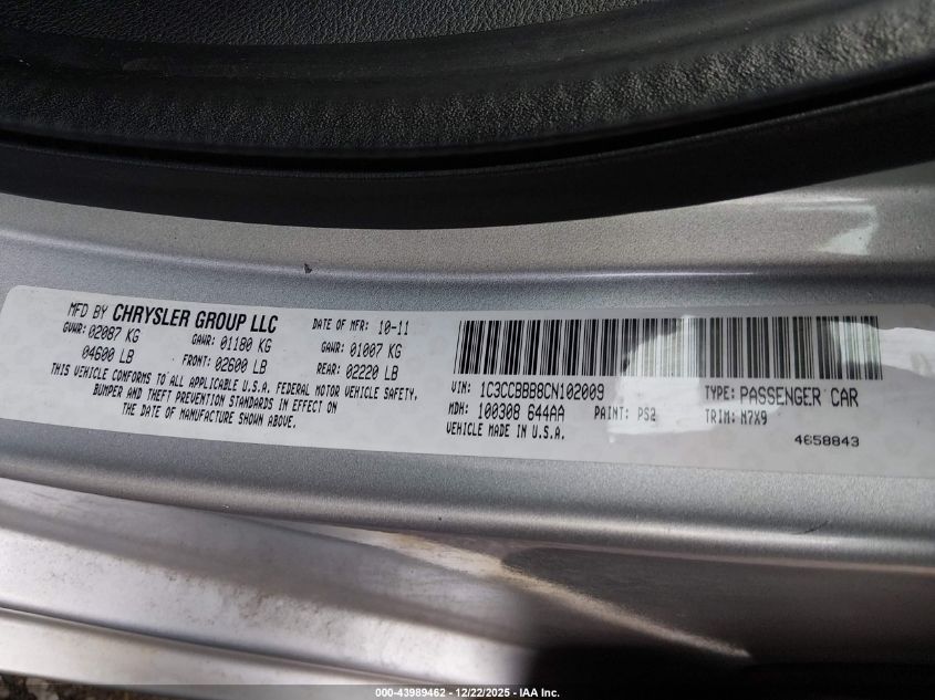 2012 Chrysler 200 Touring VIN: 1C3CCBBB8CN102009 Lot: 43989462