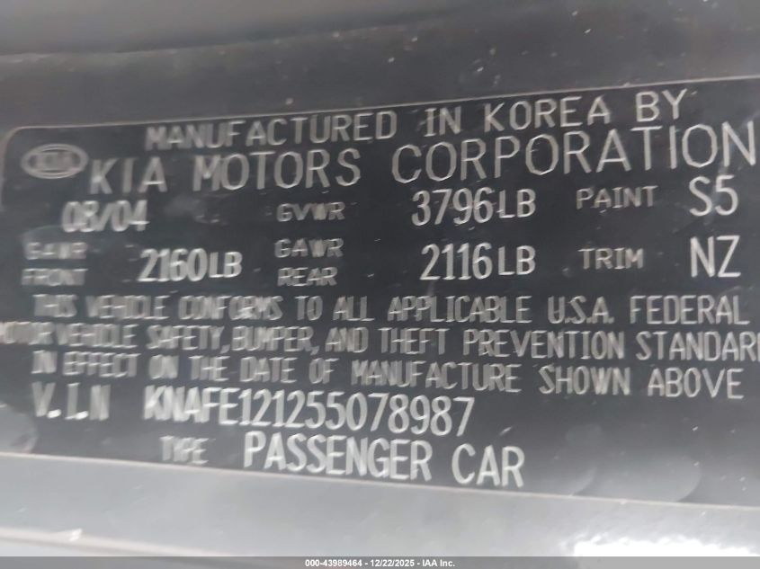 2005 Kia Spectra Ex/Lx/Sx VIN: KNAFE121255078987 Lot: 43989464