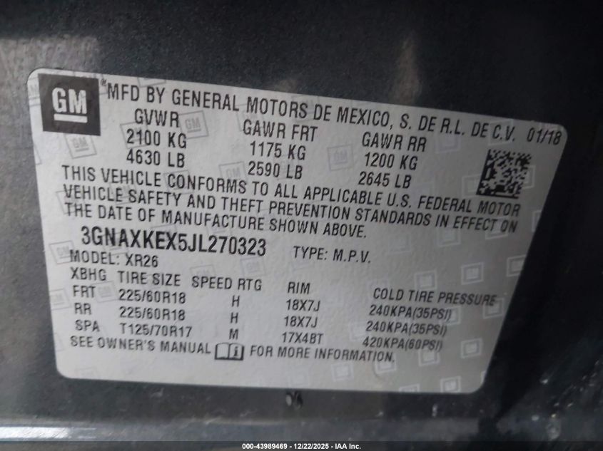 2018 Chevrolet Equinox Lt VIN: 3GNAXKEX5JL270323 Lot: 43989469