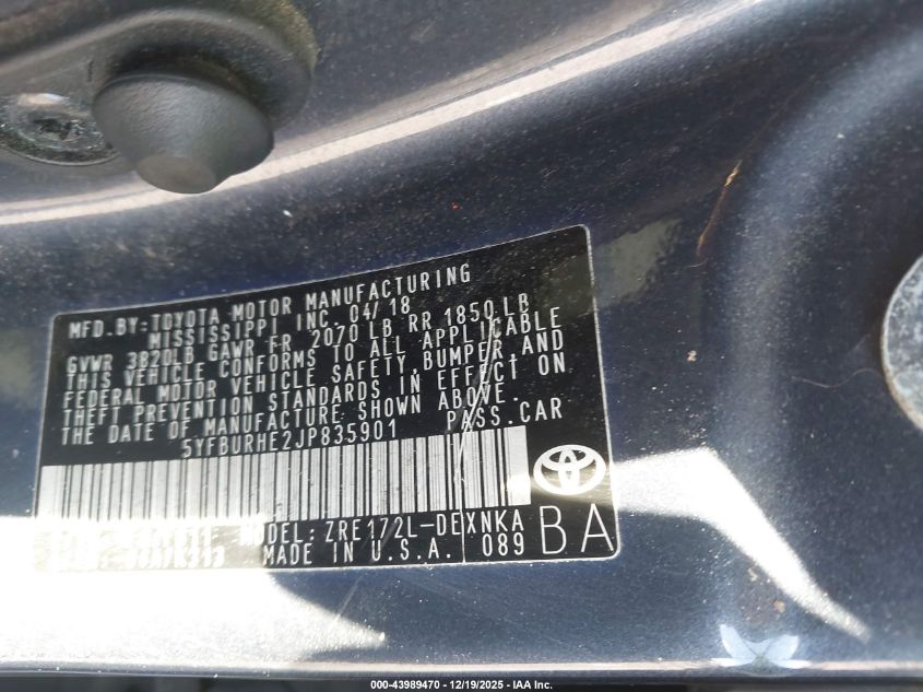 2018 Toyota Corolla Le VIN: 5YFBURHE2JP835901 Lot: 43989470