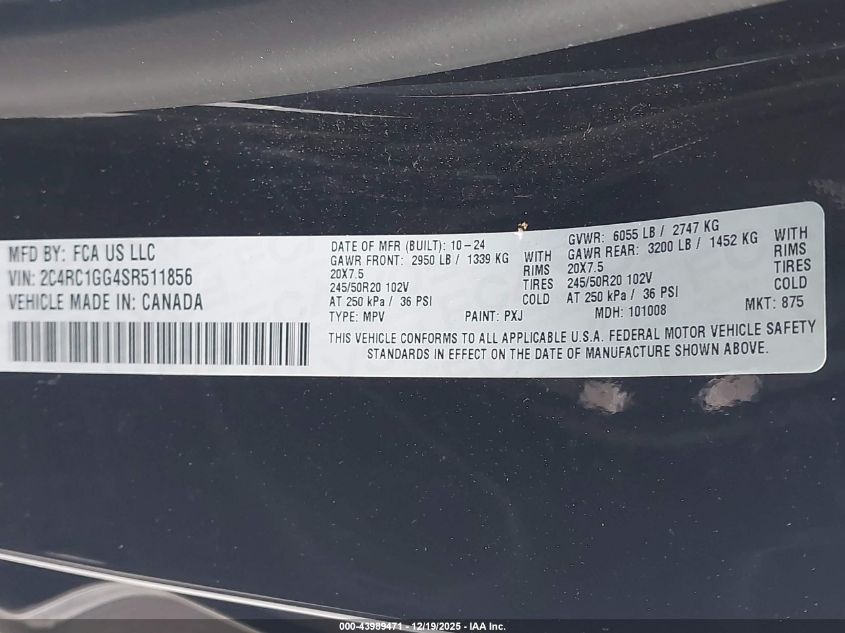 2025 Chrysler Pacifica Limited VIN: 2C4RC1GG4SR511856 Lot: 43989471