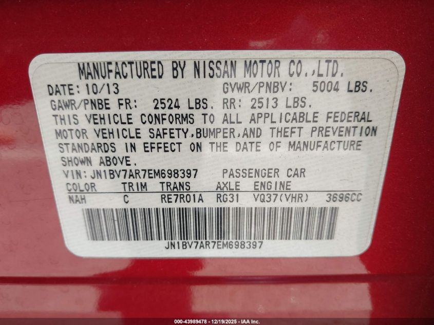 2014 Infiniti Q50 Premium VIN: JN1BV7AR7EM698397 Lot: 43989478