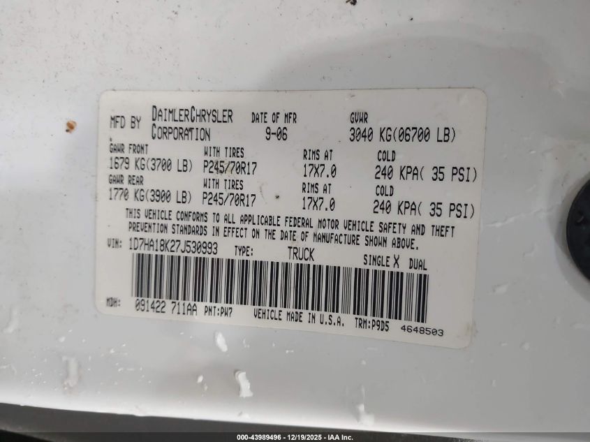 2007 Dodge Ram 1500 St VIN: 1D7HA18K27J530993 Lot: 43989496