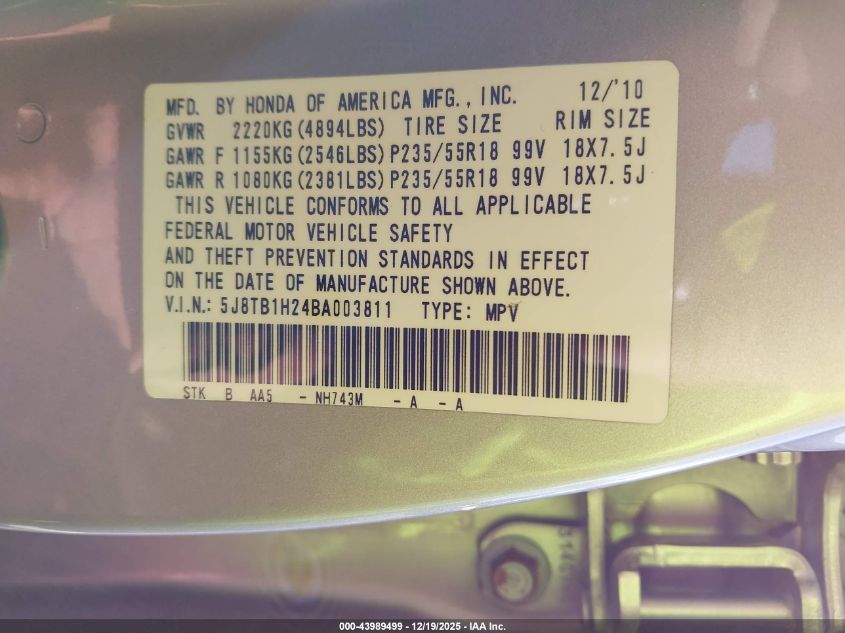 2011 Acura Rdx VIN: 5J8TB1H24BA003811 Lot: 43989499