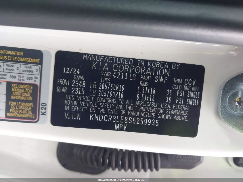 2025 Kia Niro Ex VIN: KNDCR3LE8S5259935 Lot: 43989500